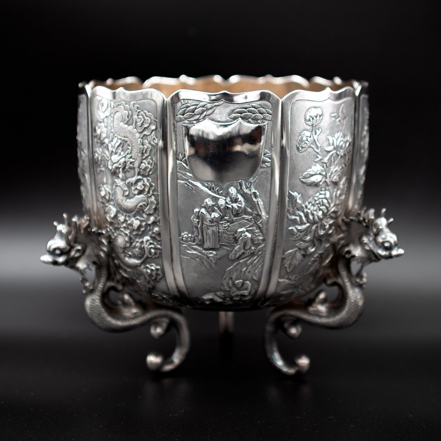 Antique 19th Century Chinese Silver Jardinière with Carved Dragon Legs and Scenic Panels