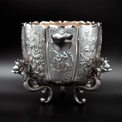 Antique 19th Century Chinese Silver Jardinière with Carved Dragon Legs and Scenic Panels