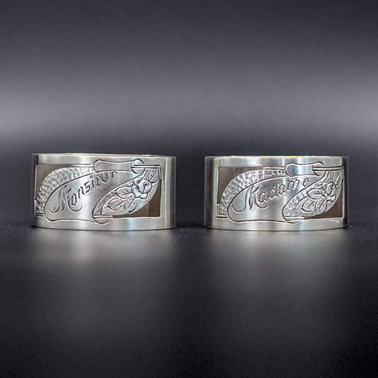 Elegant Vintage Mid-20th Century Art Deco Silver-Plated Napkin Rings | "Monsieur" and "Madame" | Set of 2