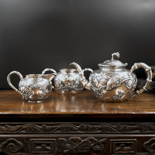 Vintage 1930s Chinese Silver Tea Set with Bamboo Handles and Floral Motifs | Set of 3