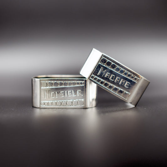 Vintage Mid-20th Century Art Deco French Silver-Plated Napkin Rings | "Monsieur" and "Madame" | Set of 2