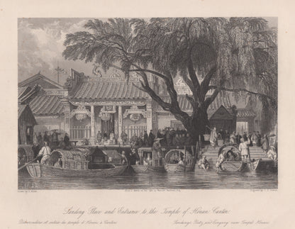 Antique 1840s Steel Engraving | Landing Place and Entrance to the Temple of Henan Canton | Thomas Allom