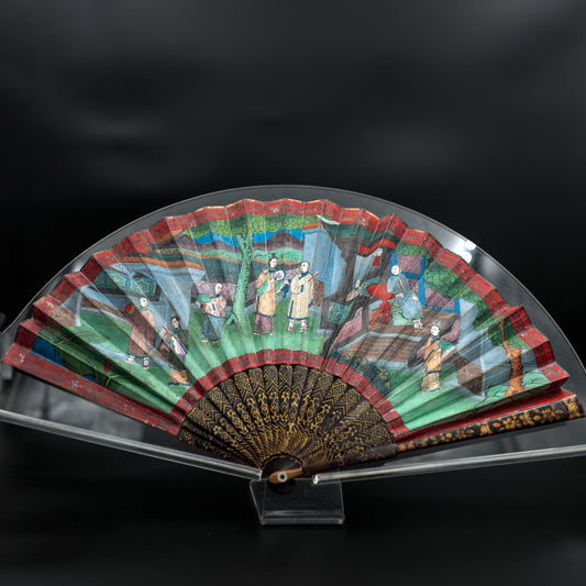 Mandarin Fan with Gilded Lacquer Sticks and Painted Silk Appliqué