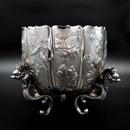 Antique 19th Century Chinese Silver Jardinière with Carved Dragon Legs and Scenic Panels