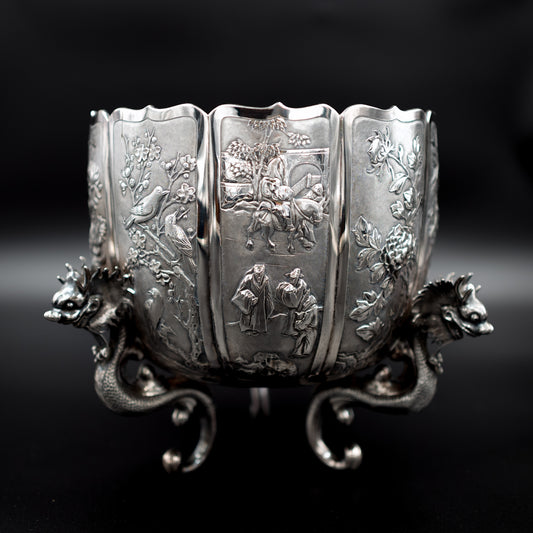 Antique 19th Century Chinese Silver Jardinière with Carved Dragon Legs and Scenic Panels