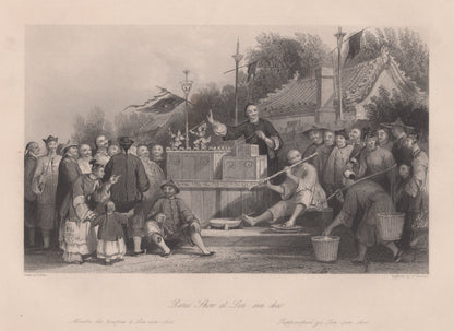 Antique 1840s Steel Engraving | Raree Show at Lin sin choo | Thomas Allom