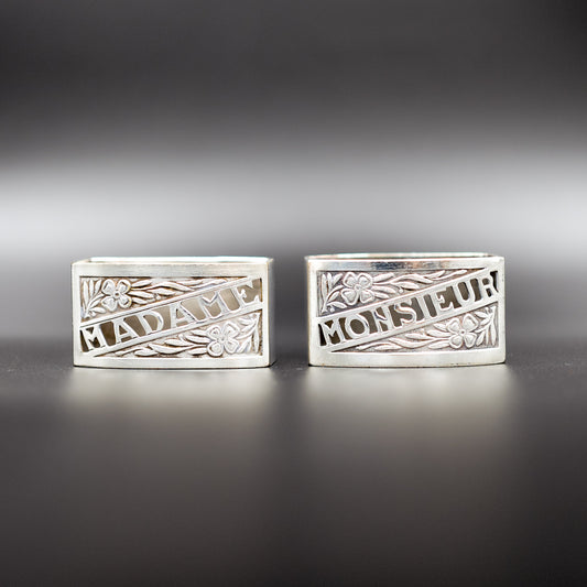 Elegant Vintage Art Deco Silverplated Napkin Rings | "Monsieur" & "Madame" | Set of 2