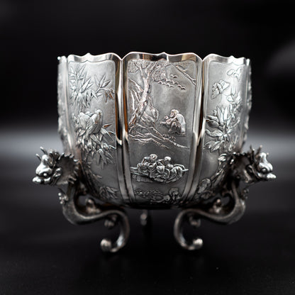 Antique 19th Century Chinese Silver Jardinière with Carved Dragon Legs and Scenic Panels