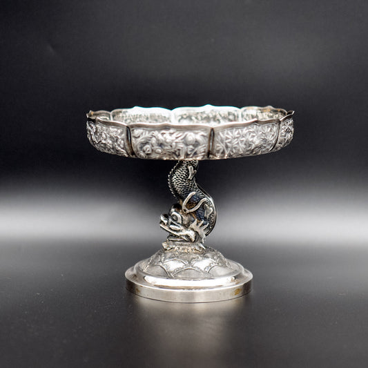 Exquisite Silver Tazza Featuring Detailed Dragons and Figurative Scenes | Canton, Circa 1870