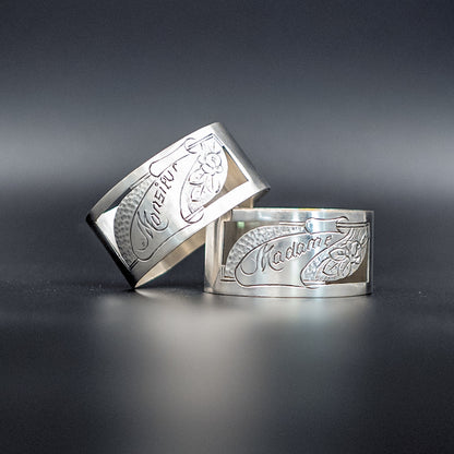 Elegant Vintage Mid-20th Century Art Deco Silver-Plated Napkin Rings | "Monsieur" and "Madame" | Set of 2